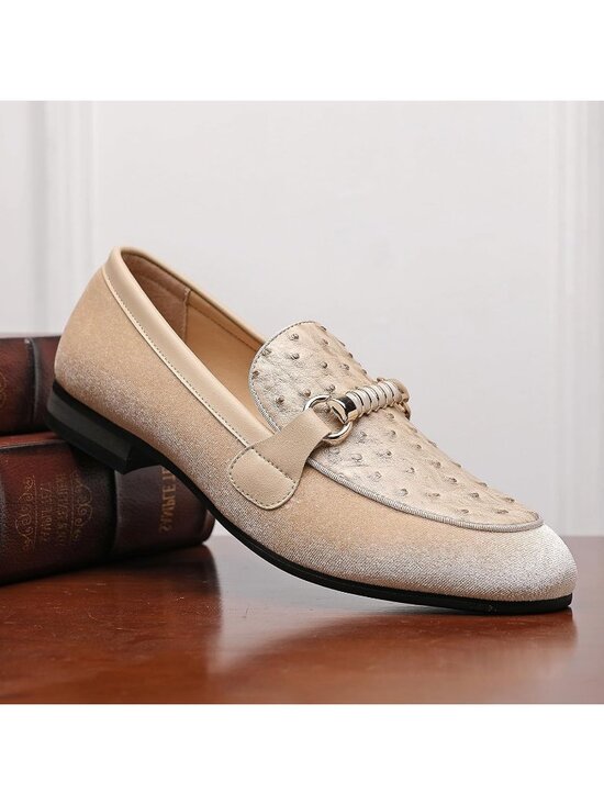 FQEQNQG Men\'s Beige Velvet Loafers Rose Gold Buckle Penny Slip On Casual Shoes main image 7